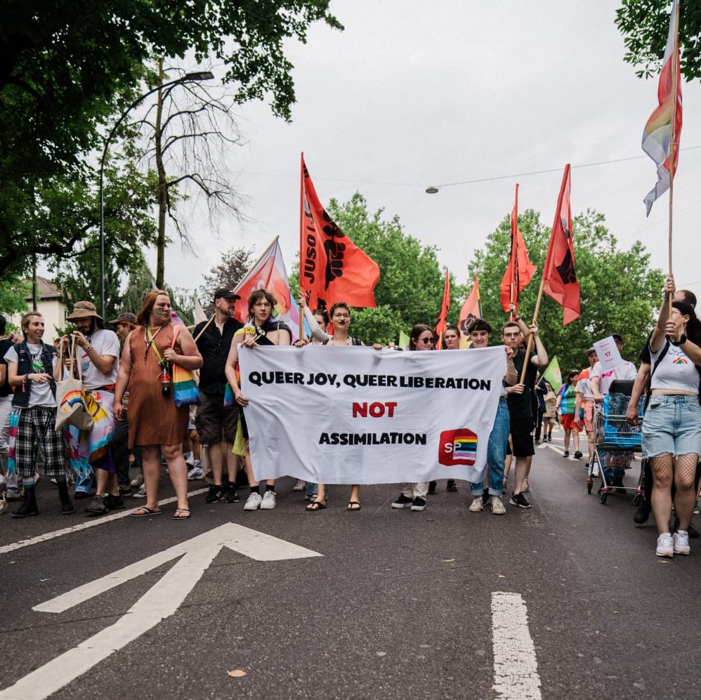 SP-Block an der Pride mit Queer Joy, Queer Liberation not assimilation